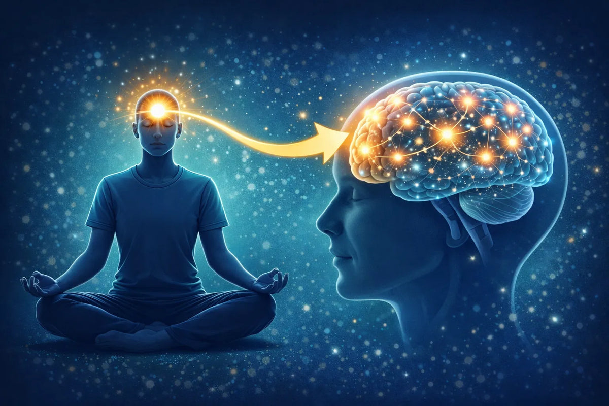 Abstract illustration of a person meditating beside a glowing brain, representing the connection between mindful breathing an